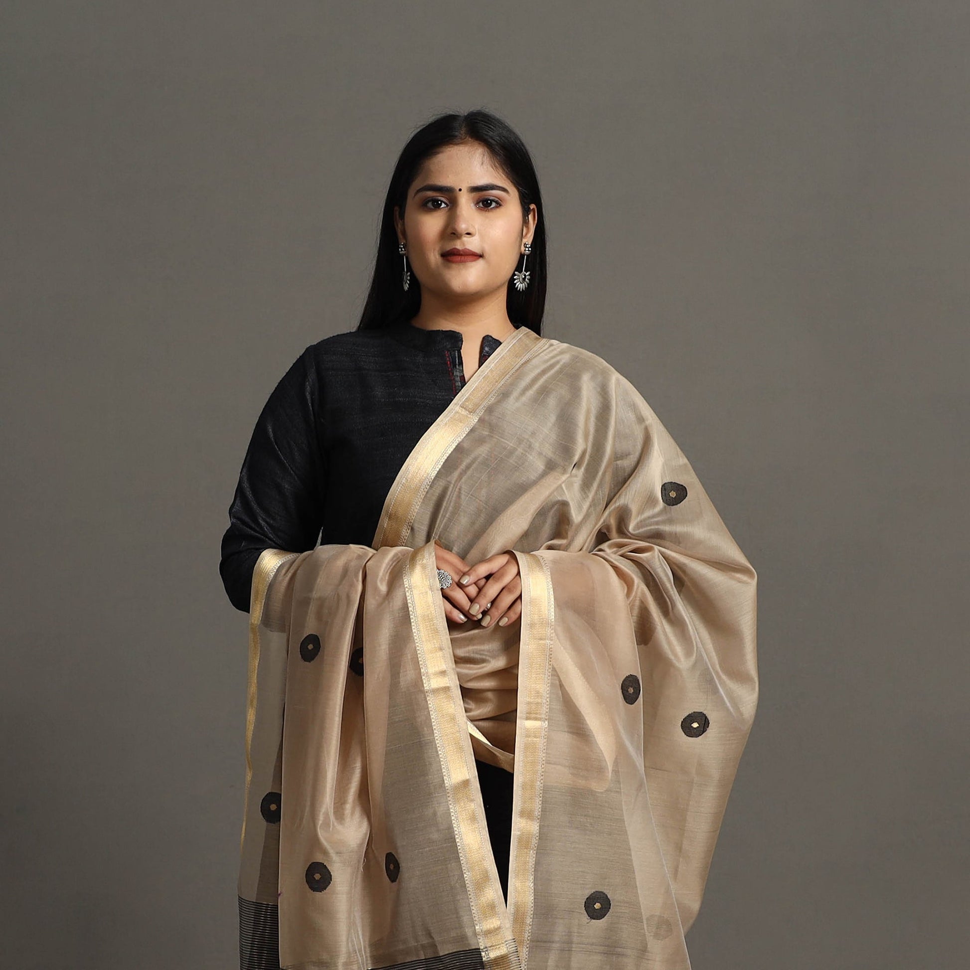 Beige - Handloom Silk Cotton Circle Buti Maheshwari Dupatta 34