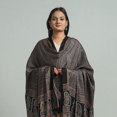 Black - Modal Silk Block Print Ajrakh Dupatta 71