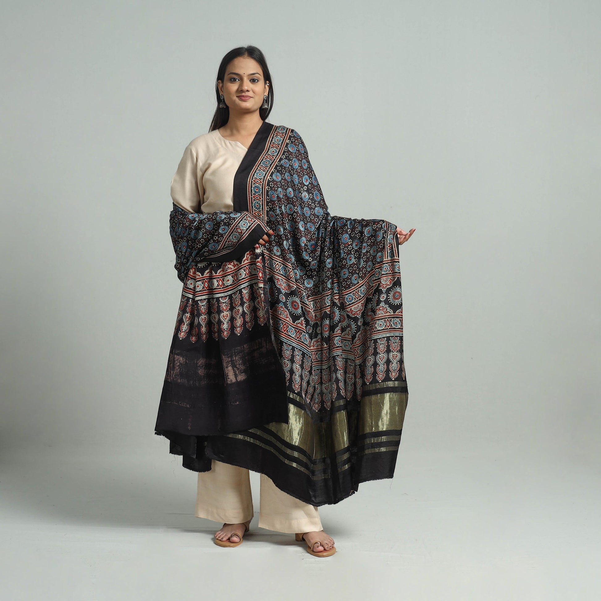 Black - Modal Silk Block Print Ajrakh Dupatta 74