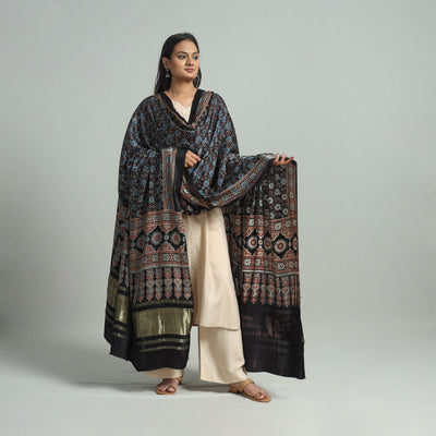 Black - Modal Silk Block Print Ajrakh Dupatta 74
