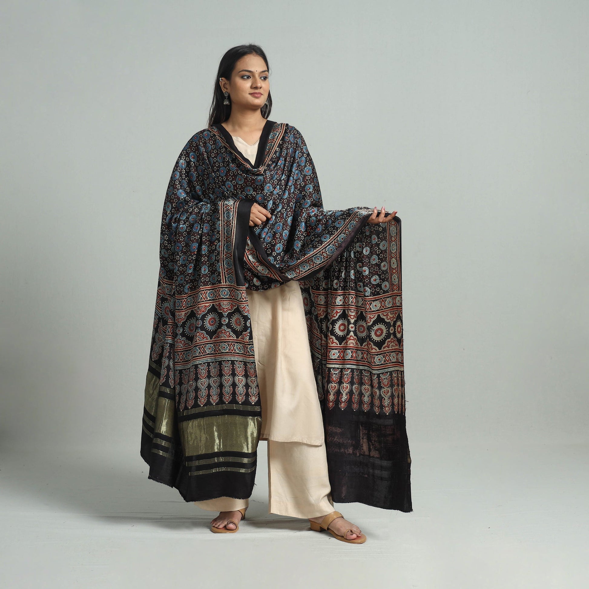 Black - Modal Silk Block Print Ajrakh Dupatta 74