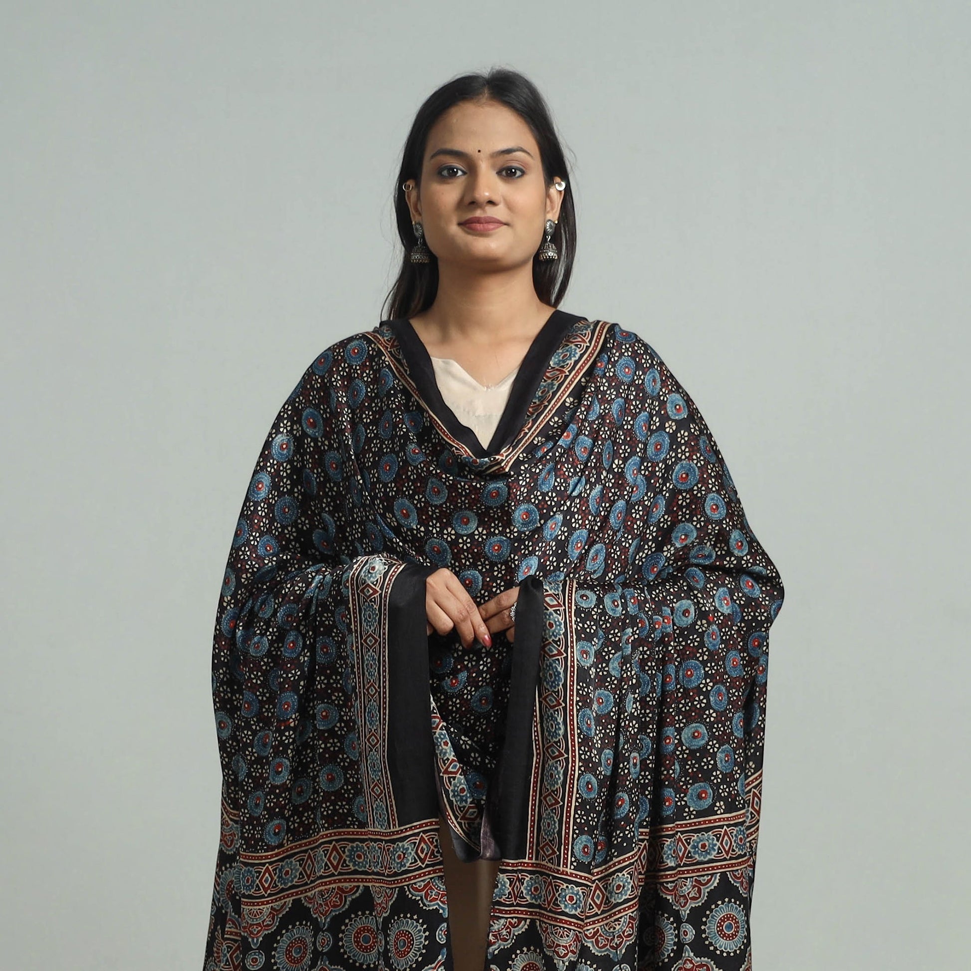 Black - Modal Silk Block Print Ajrakh Dupatta 74