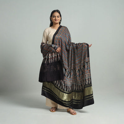 Black - Modal Silk Block Print Ajrakh Dupatta 75