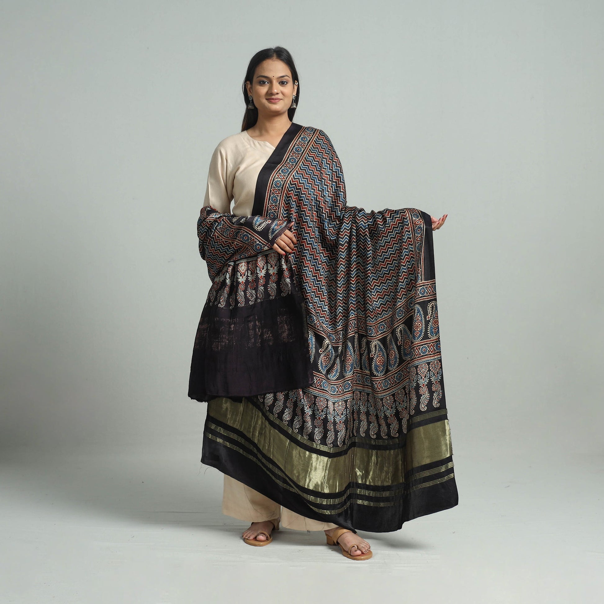 Black - Modal Silk Block Print Ajrakh Dupatta 75