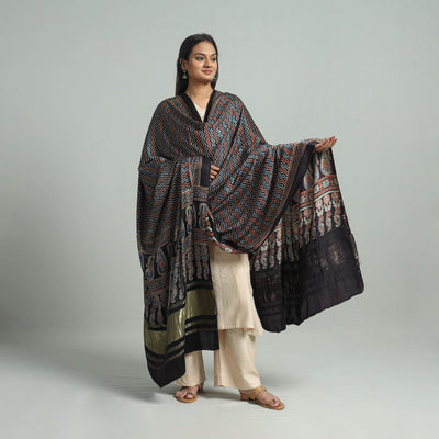 Black - Modal Silk Block Print Ajrakh Dupatta 75