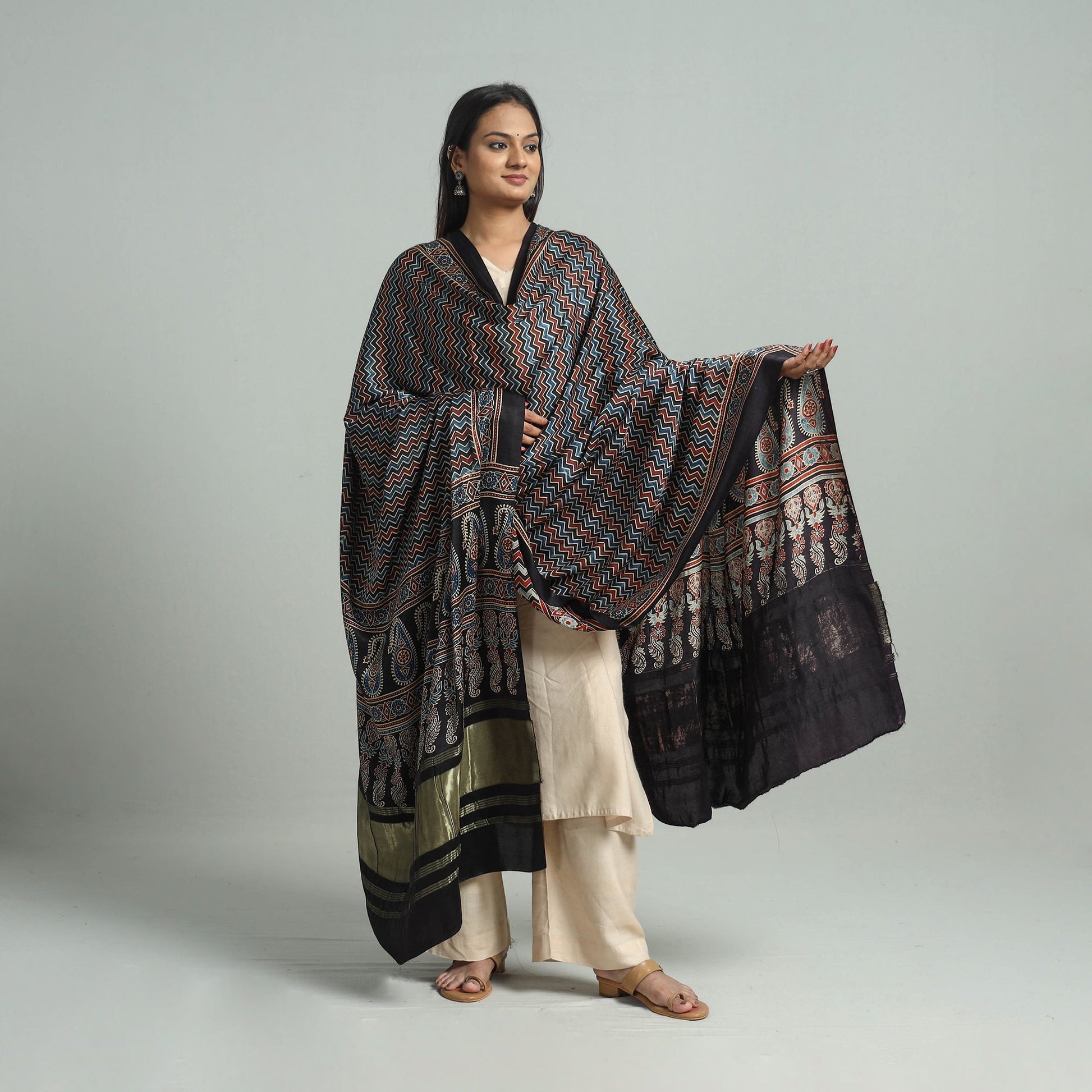 Black - Modal Silk Block Print Ajrakh Dupatta 75