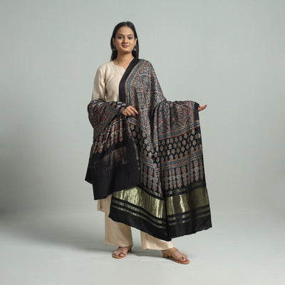 Black - Modal Silk Block Print Ajrakh Dupatta 76