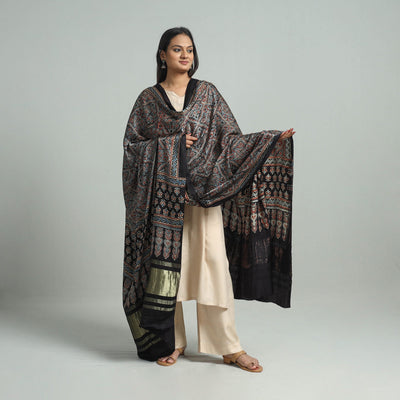 Black - Modal Silk Block Print Ajrakh Dupatta 76