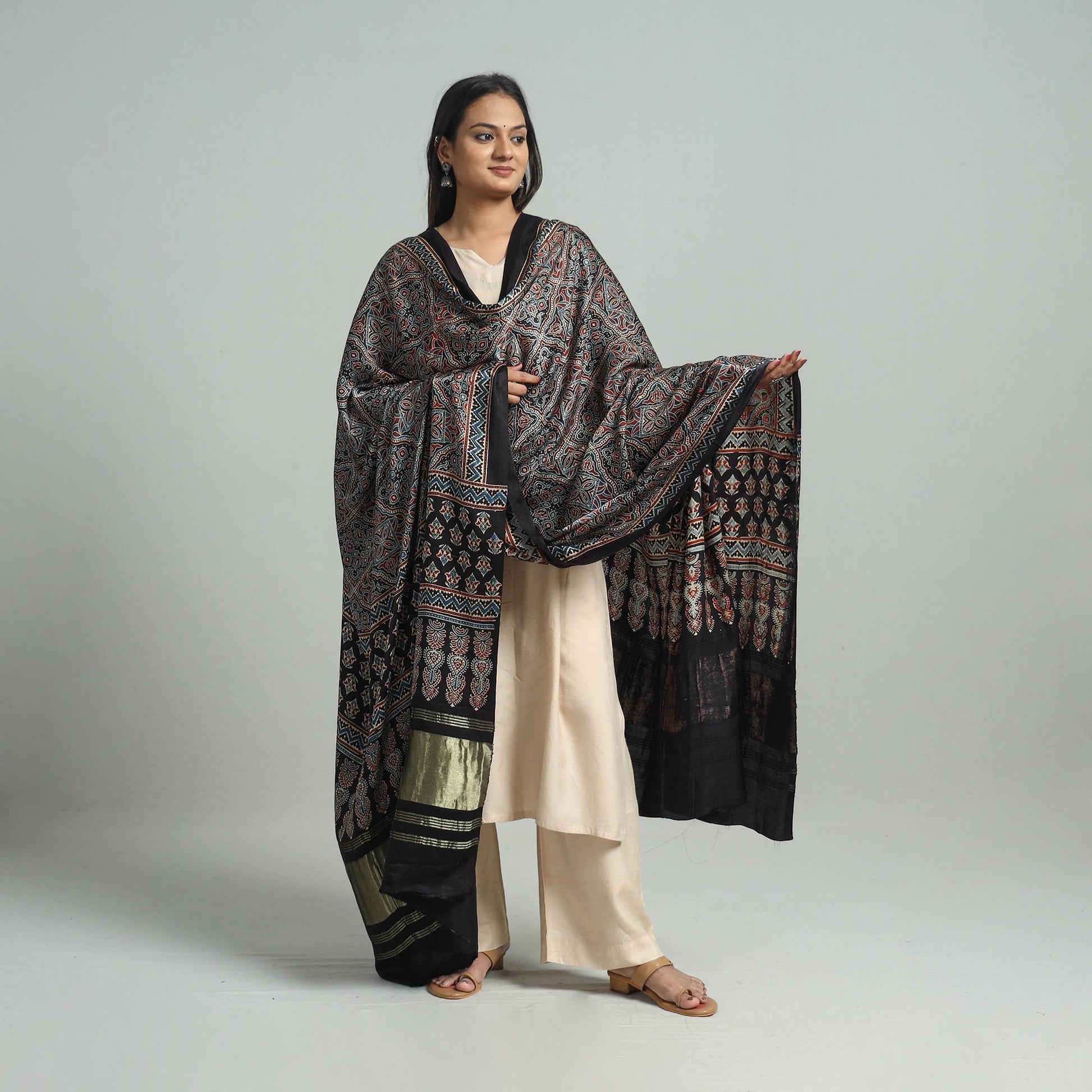 Black - Modal Silk Block Print Ajrakh Dupatta 76