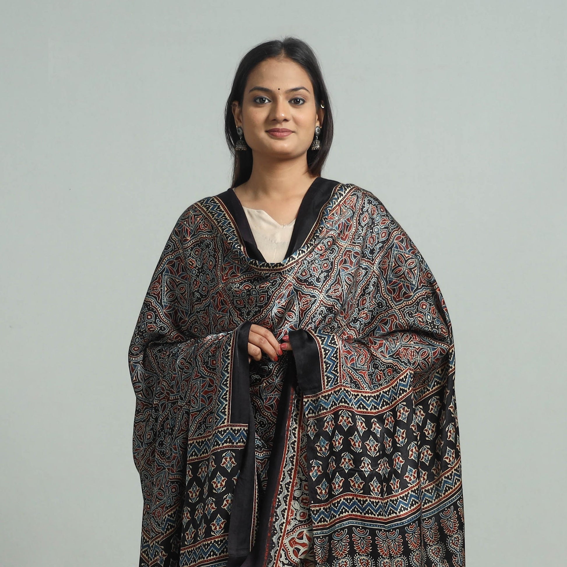 Black - Modal Silk Block Print Ajrakh Dupatta 76