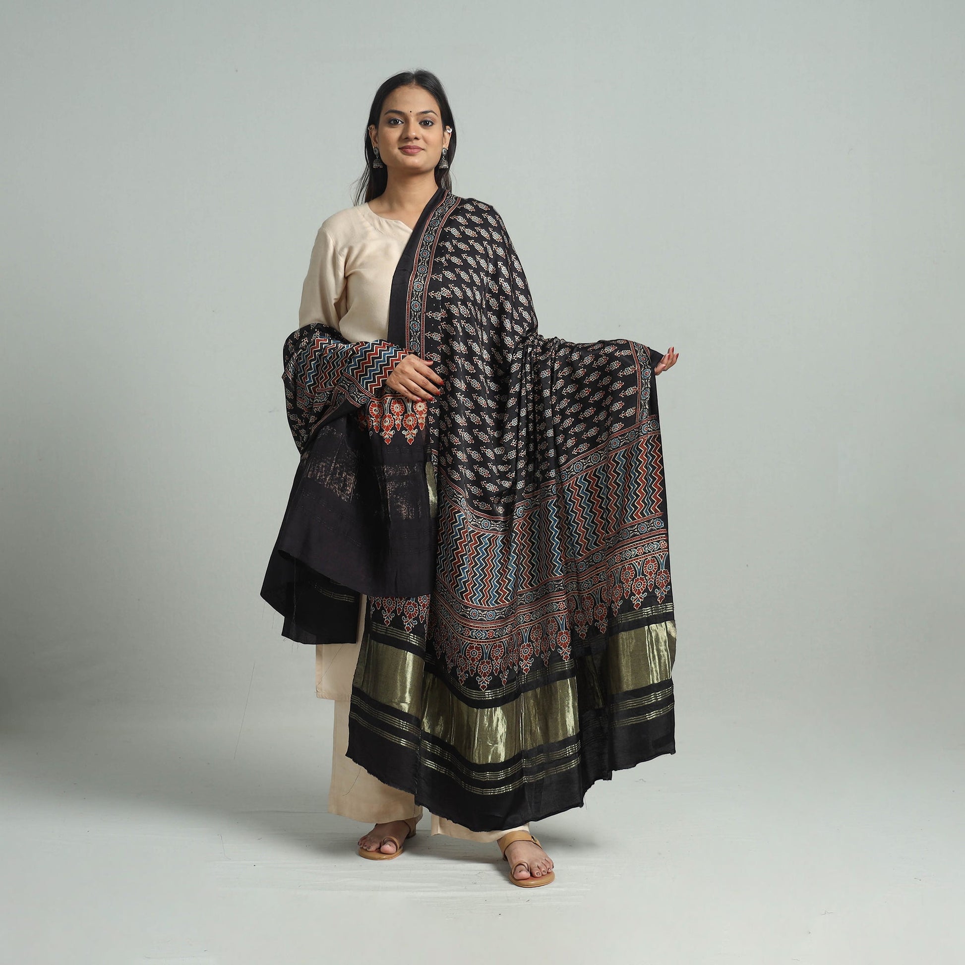 Black - Modal Silk Block Print Ajrakh Dupatta 78