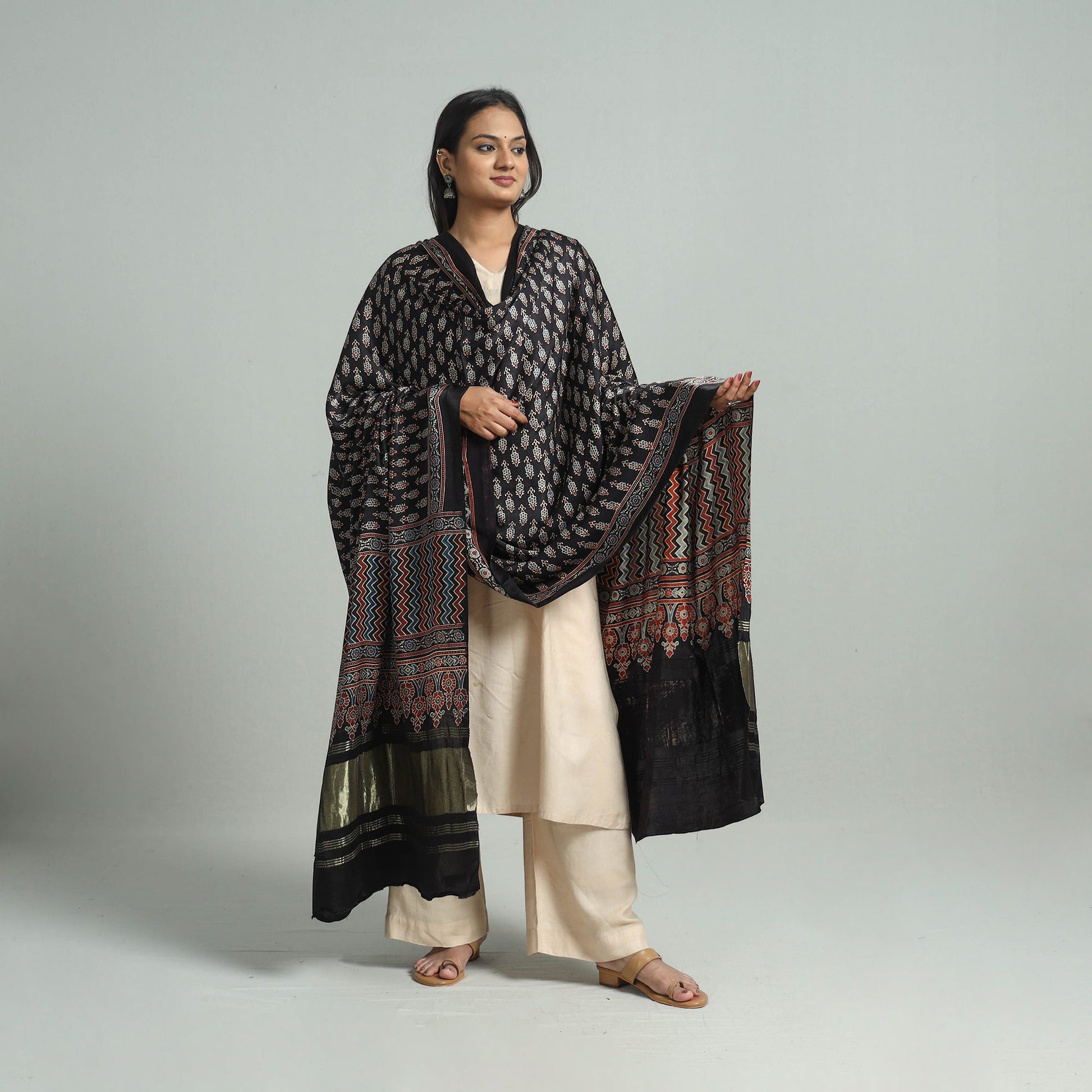 Black - Modal Silk Block Print Ajrakh Dupatta 78
