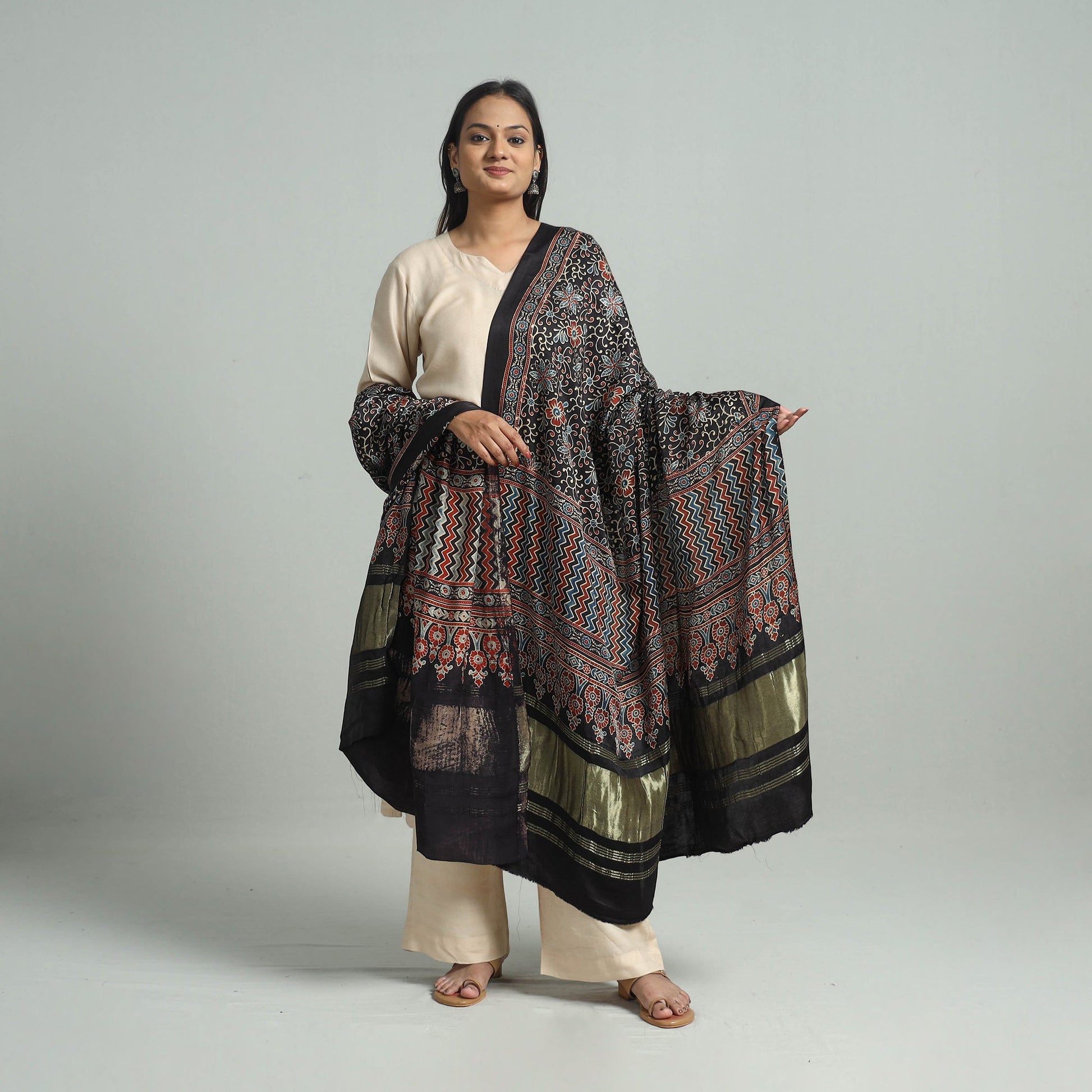 Black - Modal Silk Block Print Ajrakh Dupatta 77