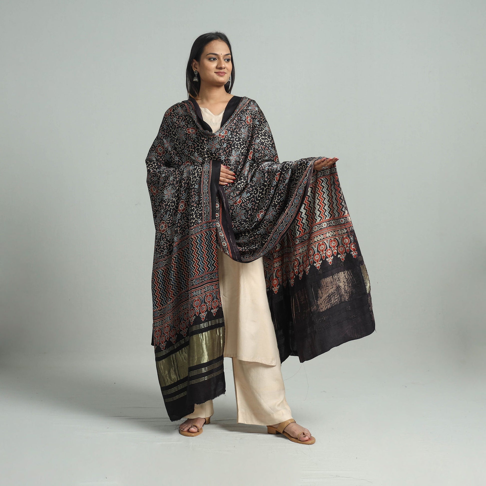 Black - Modal Silk Block Print Ajrakh Dupatta 77