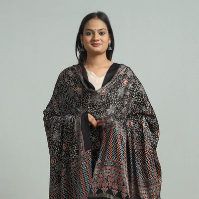 Black - Modal Silk Block Print Ajrakh Dupatta 77