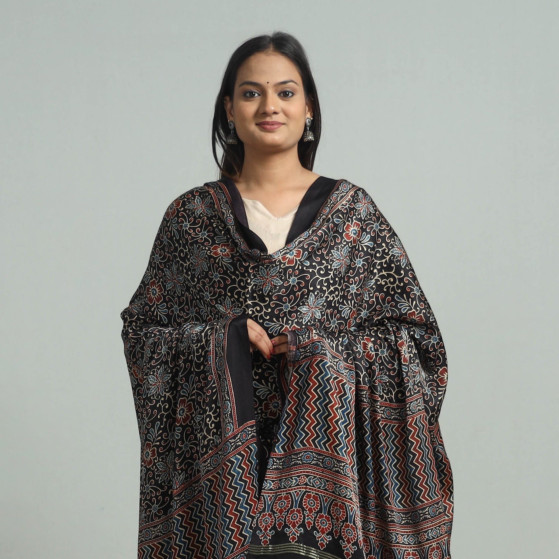 Black - Modal Silk Block Print Ajrakh Dupatta 77