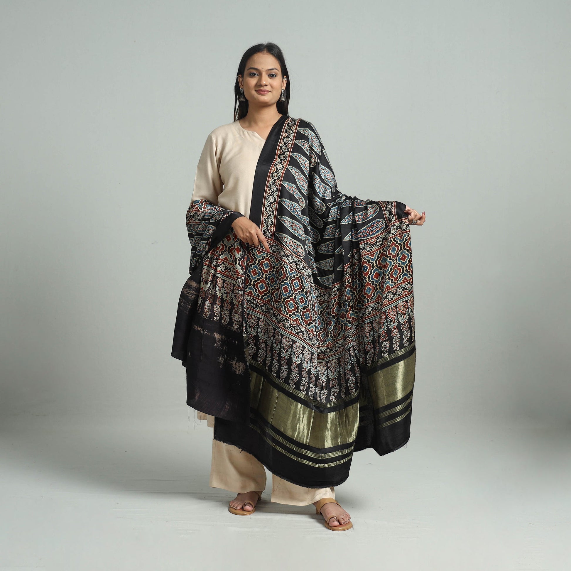 Black - Modal Silk Block Print Ajrakh Dupatta 79
