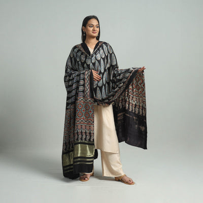 Black - Modal Silk Block Print Ajrakh Dupatta 79