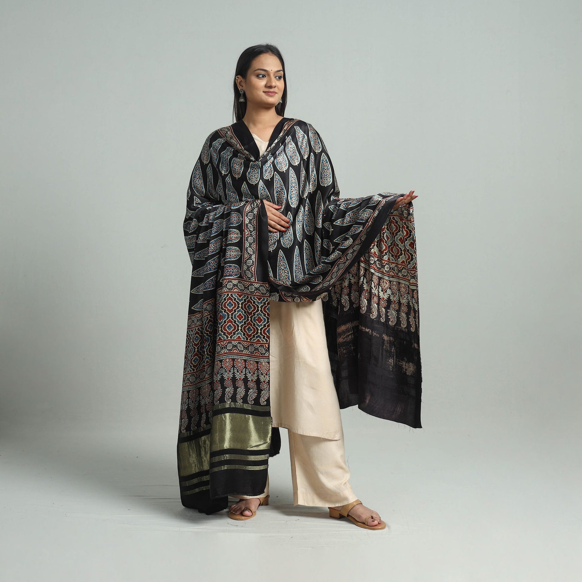 Black - Modal Silk Block Print Ajrakh Dupatta 79
