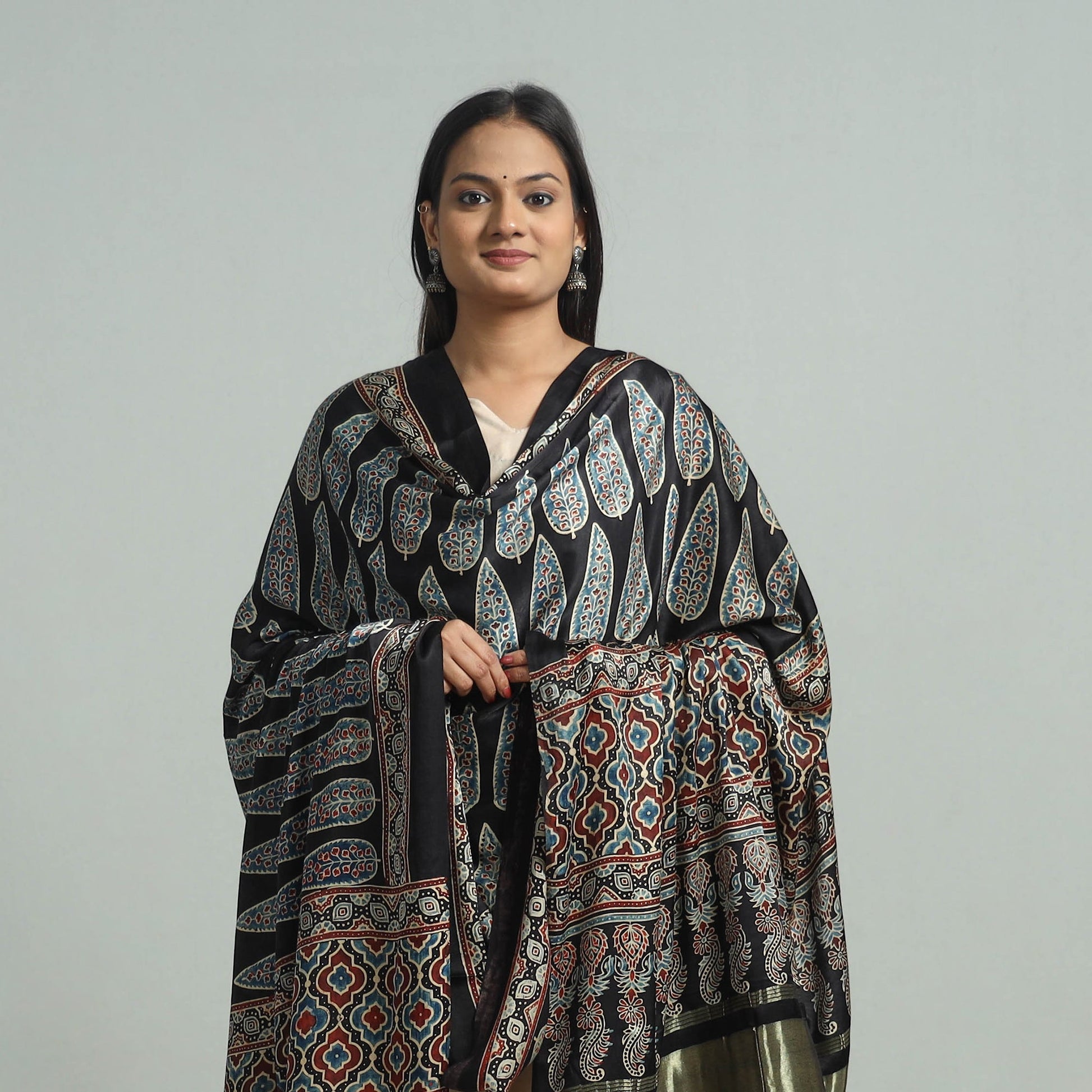 Black - Modal Silk Block Print Ajrakh Dupatta 79