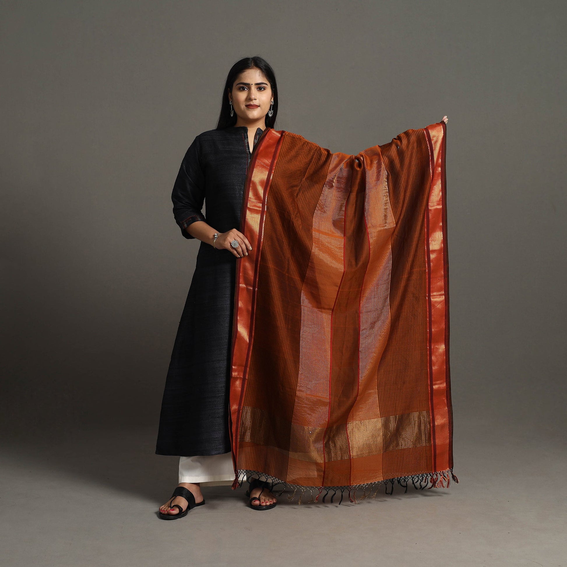 Brown - Handloom Silk Cotton Zari Work Maheshwari Dupatta 43