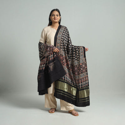 Black - Modal Silk Block Print Ajrakh Dupatta 80