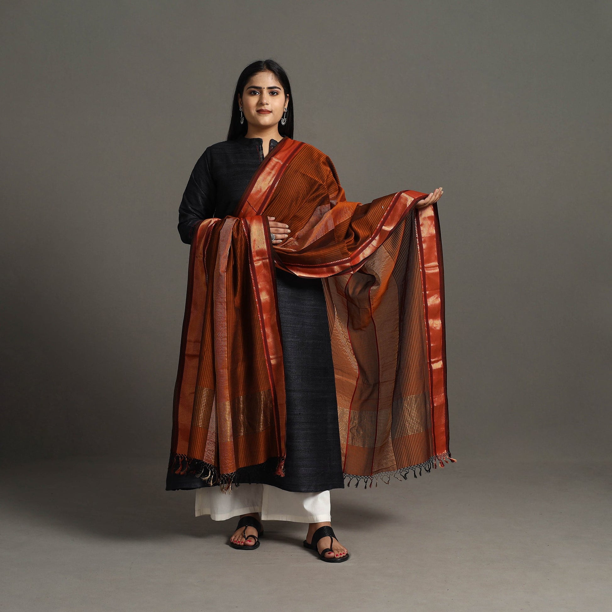 Brown - Handloom Silk Cotton Zari Work Maheshwari Dupatta 43