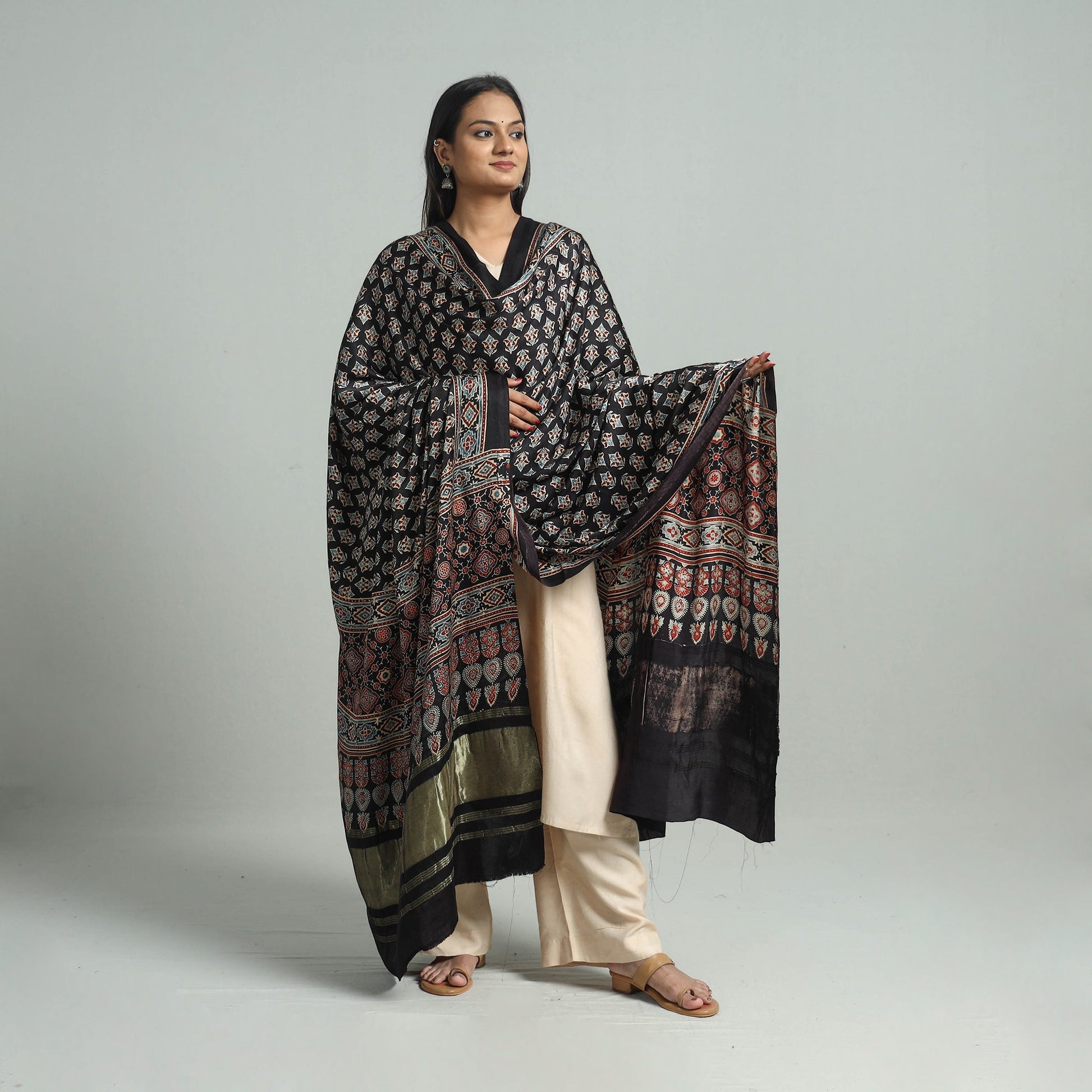 Black - Modal Silk Block Print Ajrakh Dupatta 80