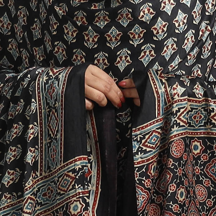 Black - Modal Silk Block Print Ajrakh Dupatta 80