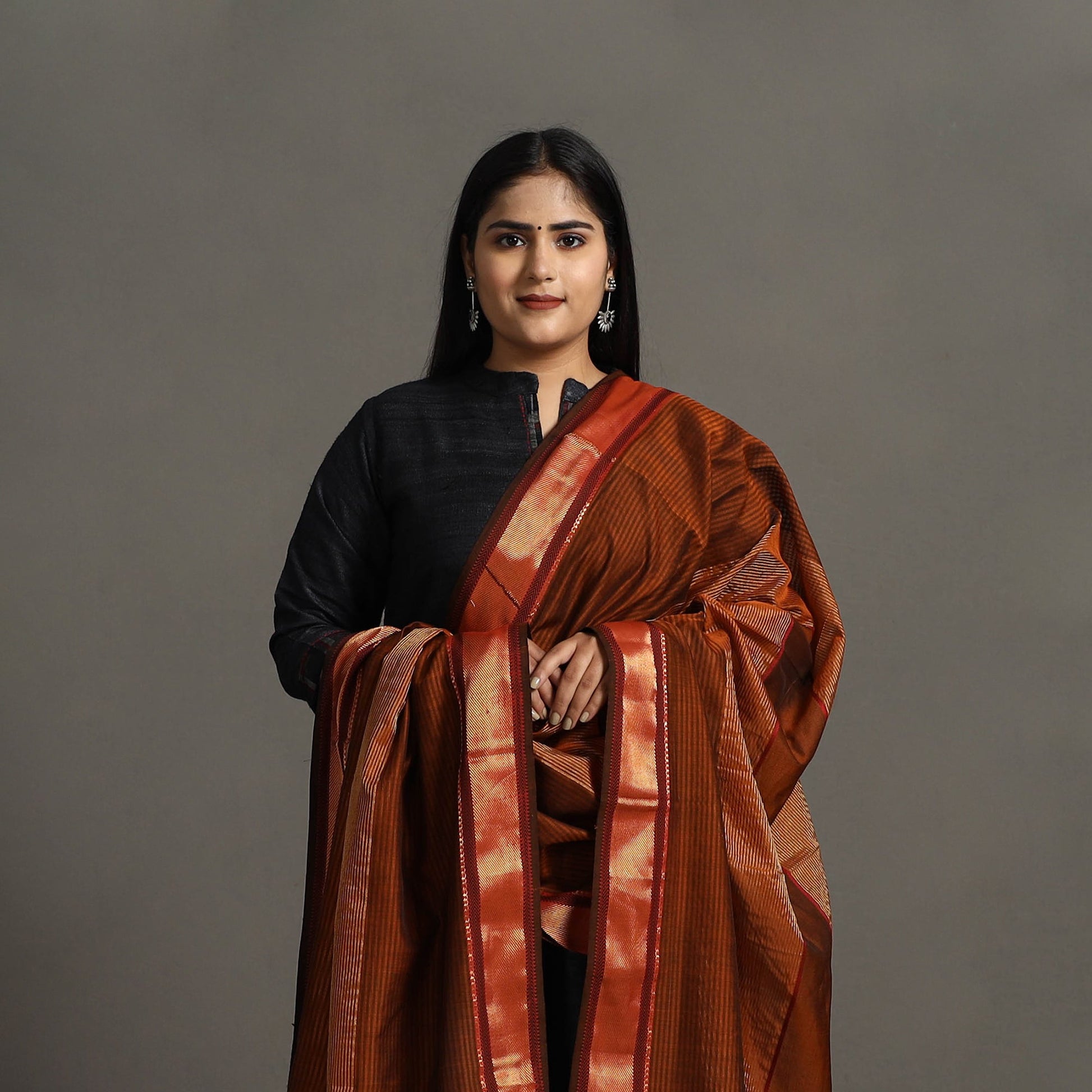 Brown - Handloom Silk Cotton Zari Work Maheshwari Dupatta 43
