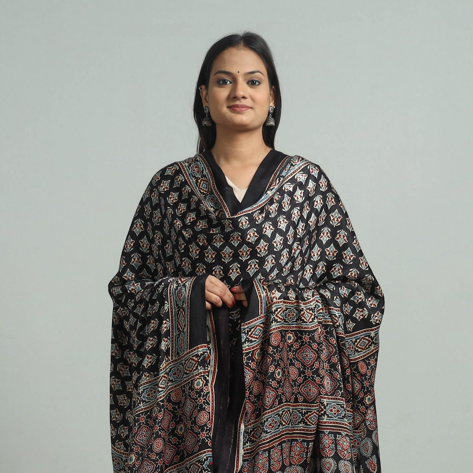 Black - Modal Silk Block Print Ajrakh Dupatta 80