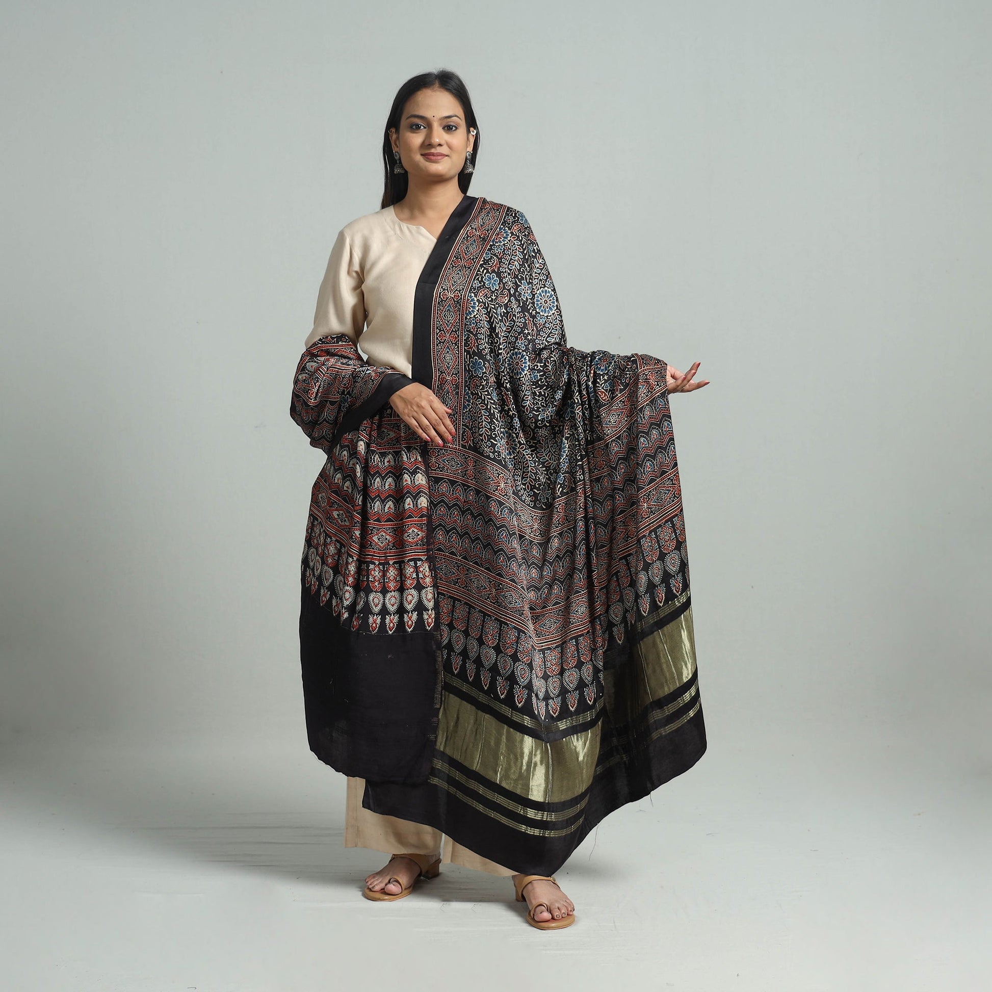 Black - Modal Silk Block Print Ajrakh Dupatta 81