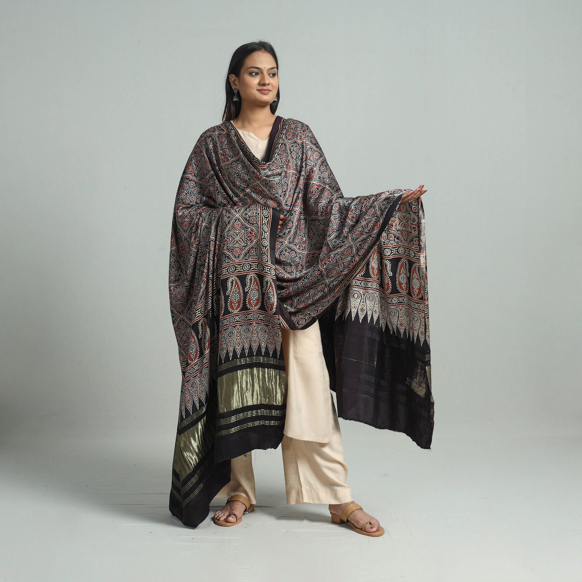 Black - Modal Silk Block Print Ajrakh Dupatta 82