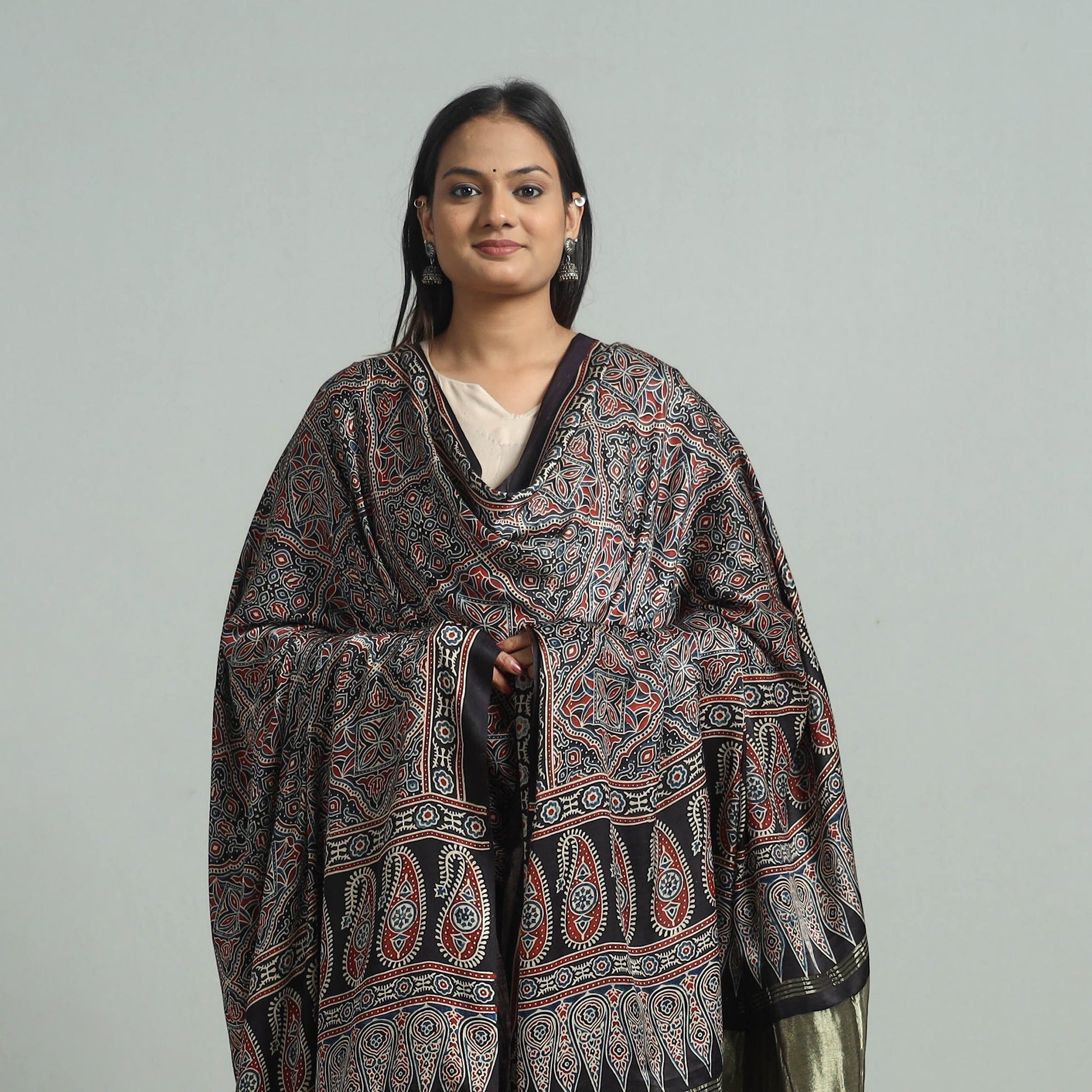 Black - Modal Silk Block Print Ajrakh Dupatta 82
