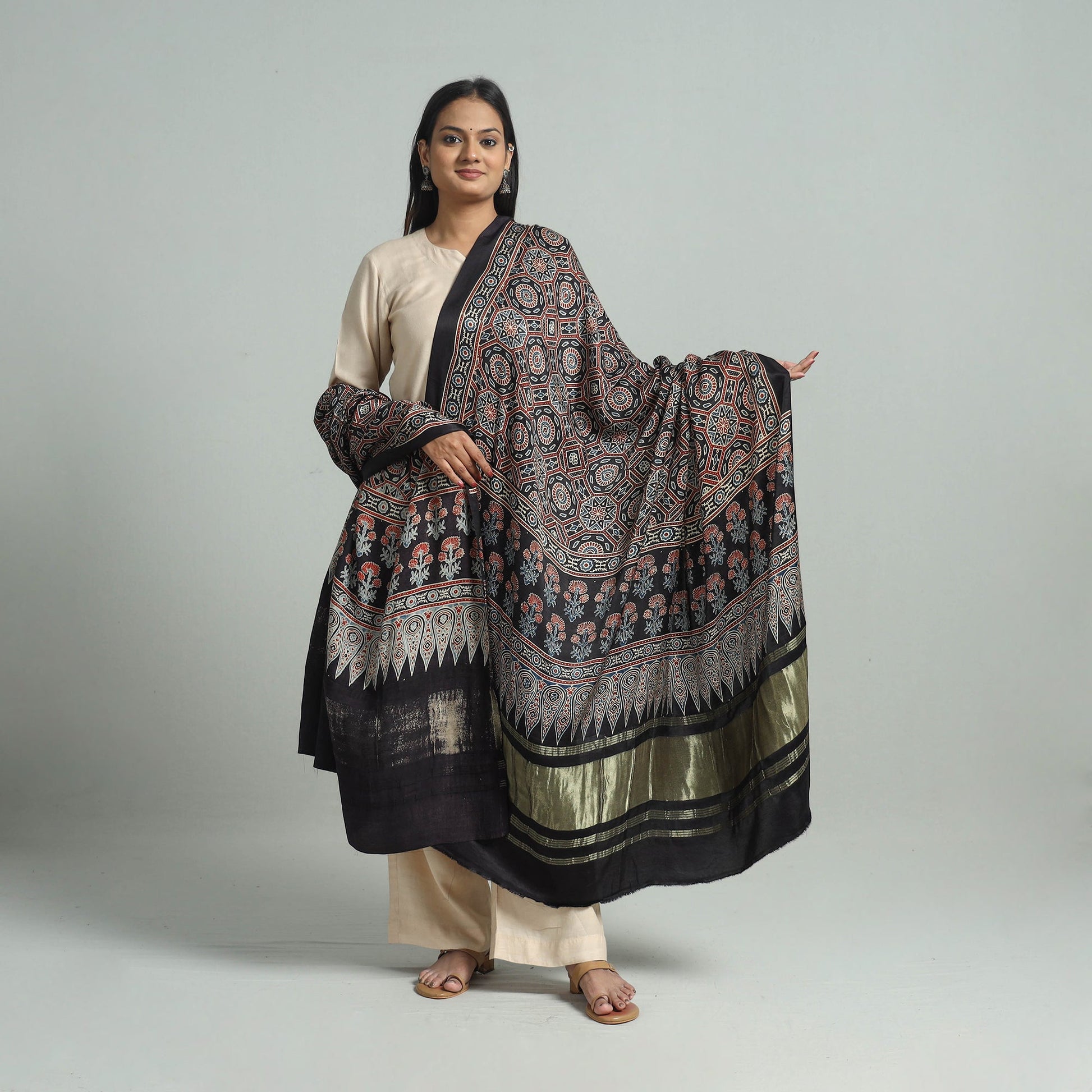 Black - Modal Silk Block Print Ajrakh Dupatta 83