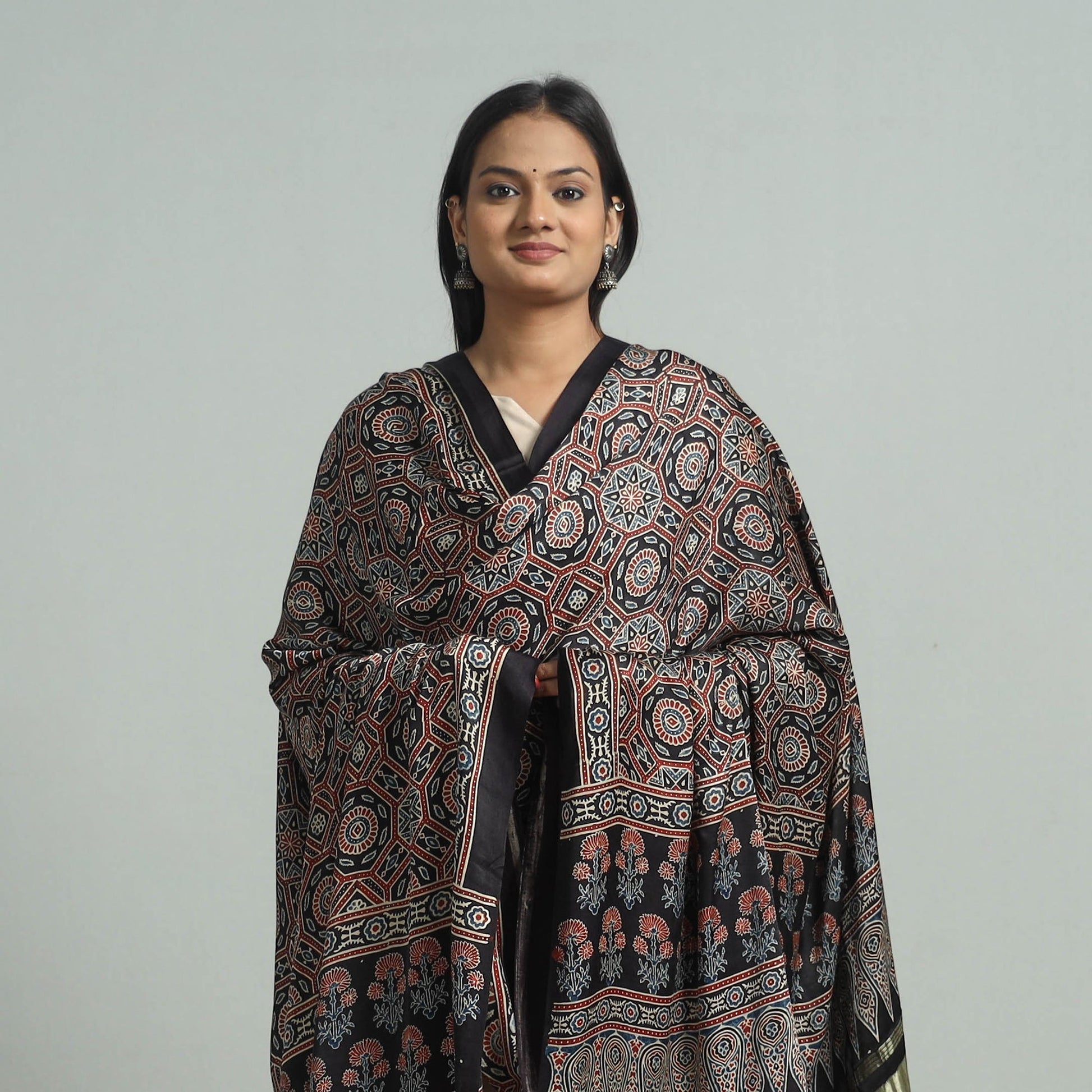 Black - Modal Silk Block Print Ajrakh Dupatta 83