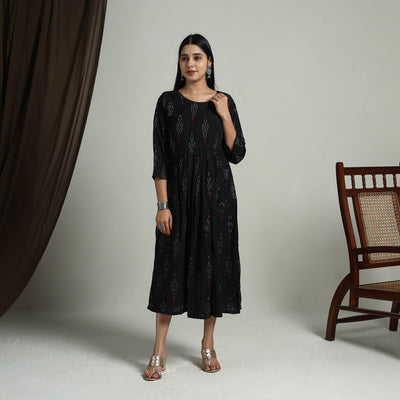 Black - Flared Cotton Pochampally Ikat Dress 01
