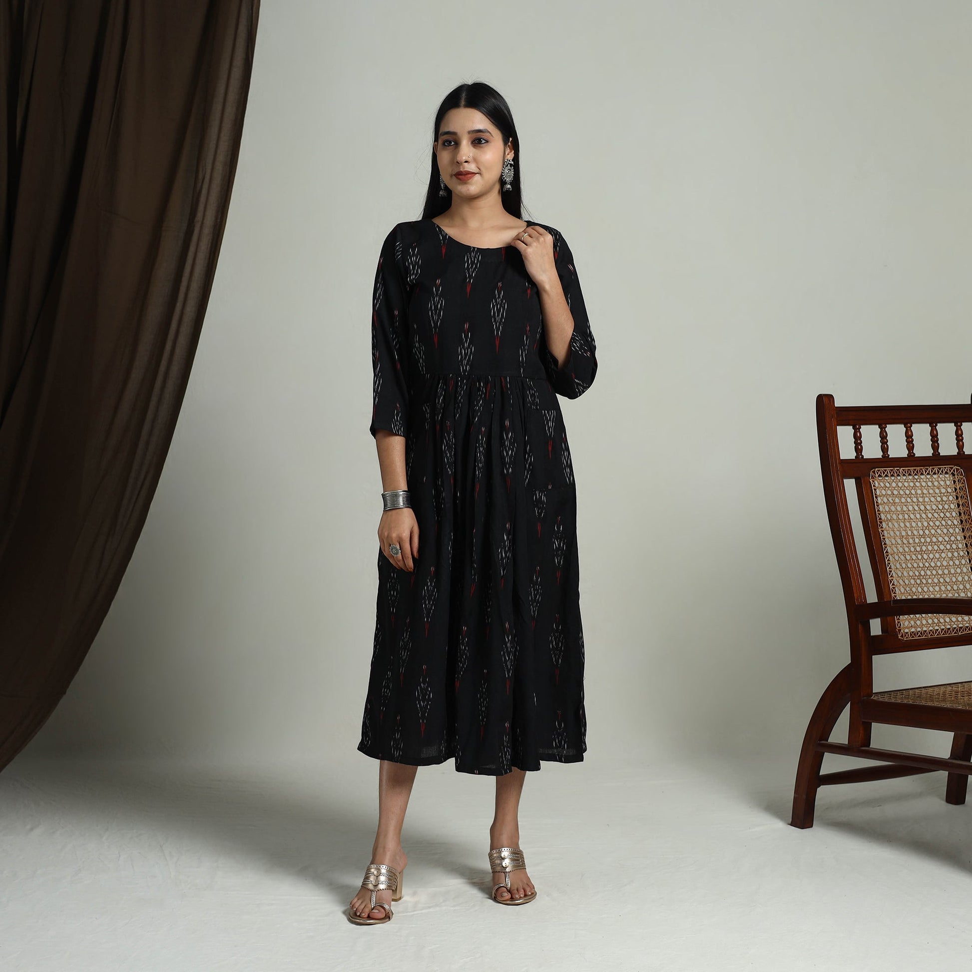 Black - Flared Cotton Pochampally Ikat Dress 01