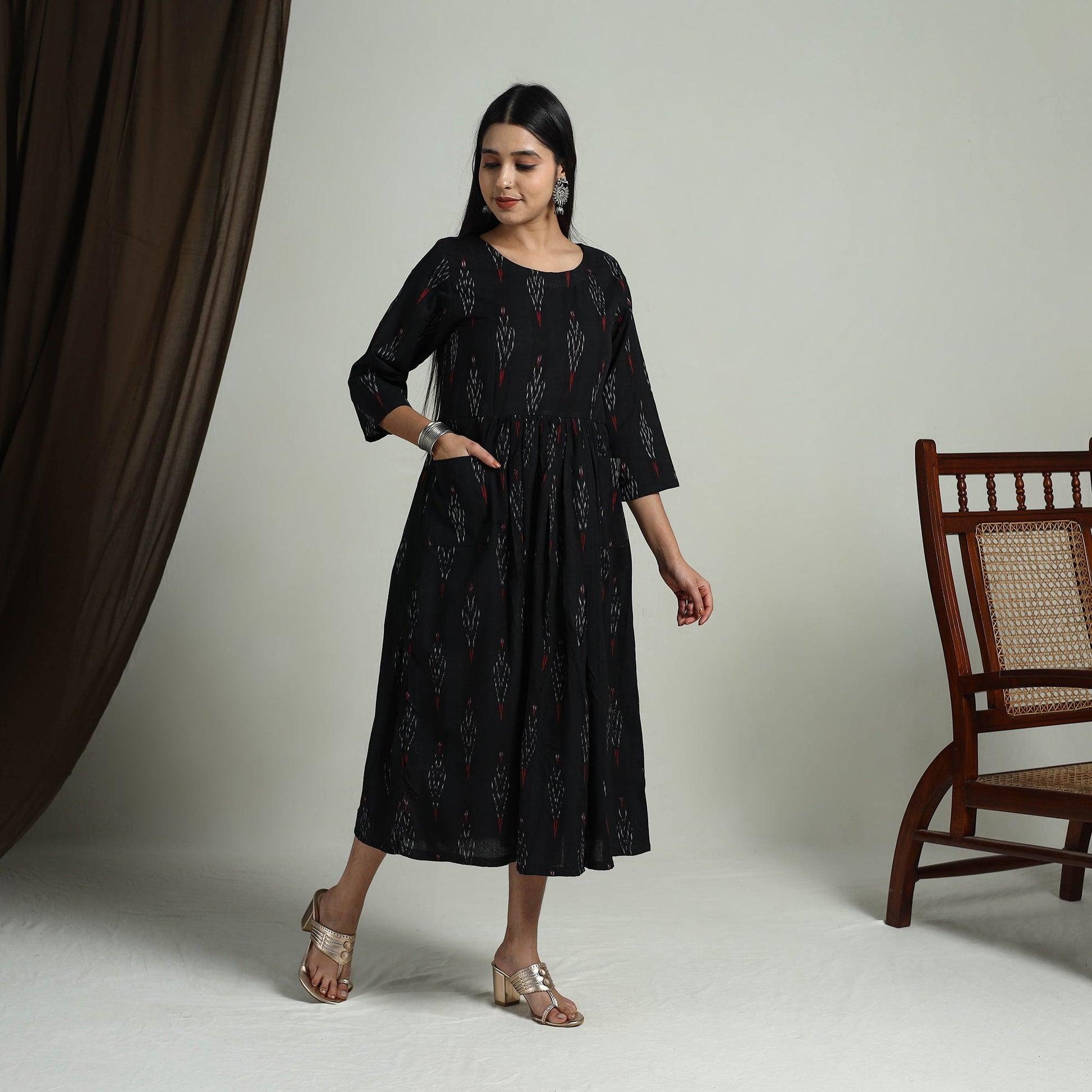 Black - Flared Cotton Pochampally Ikat Dress 01