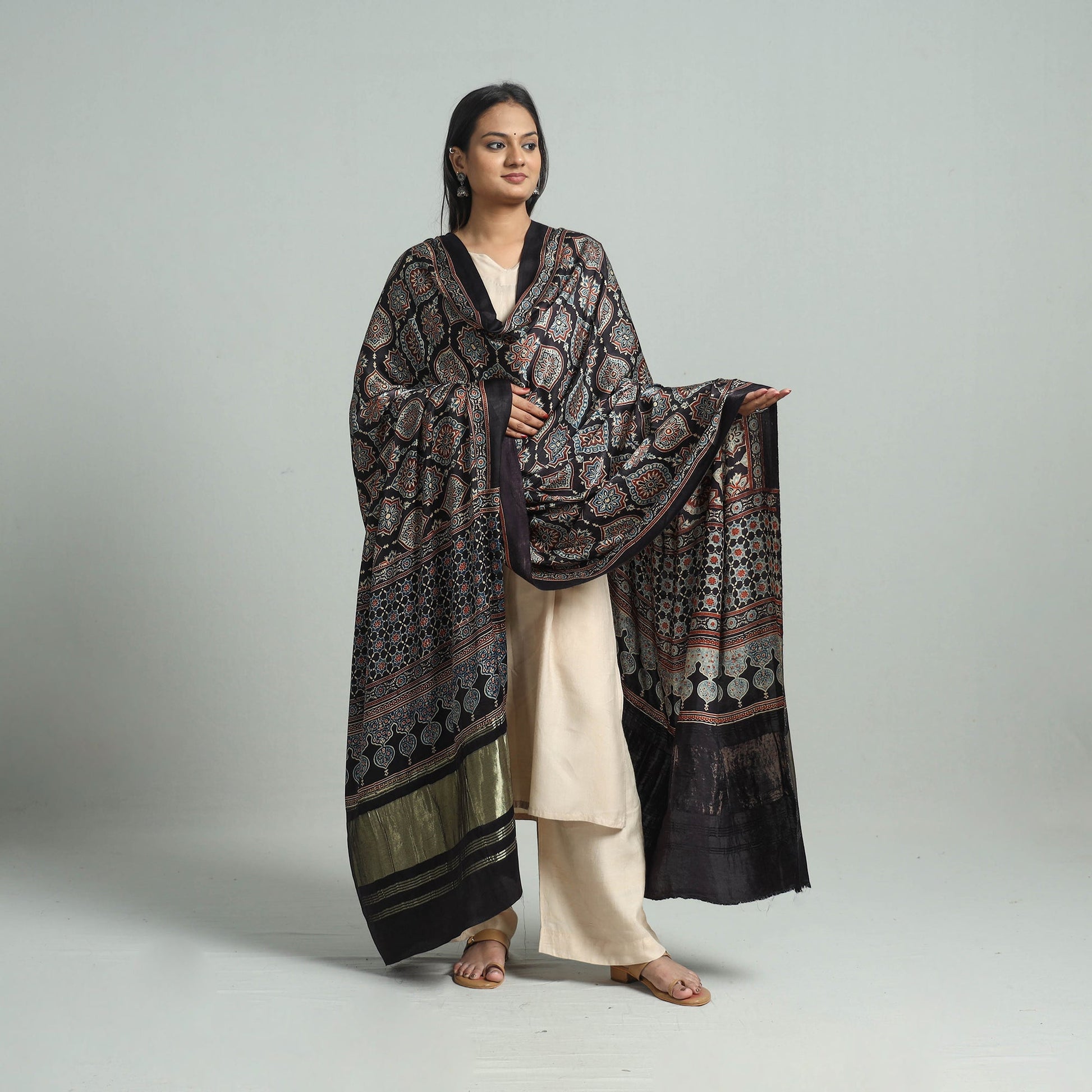 Black - Modal Silk Block Print Ajrakh Dupatta 85