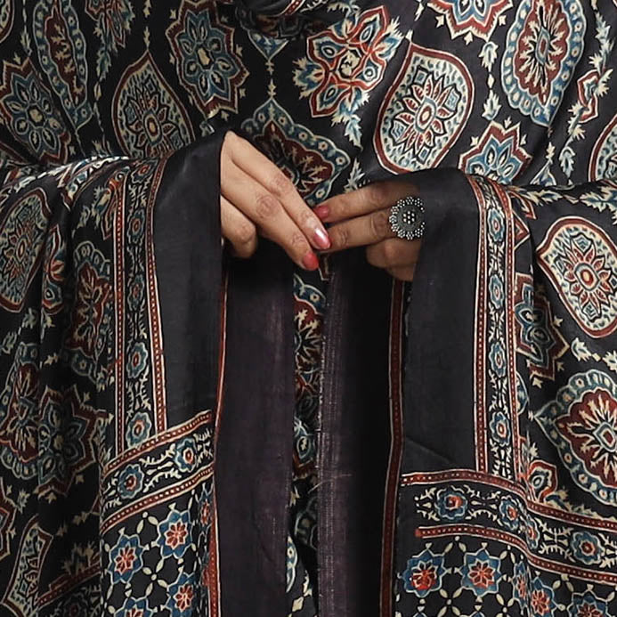 Black - Modal Silk Block Print Ajrakh Dupatta 85