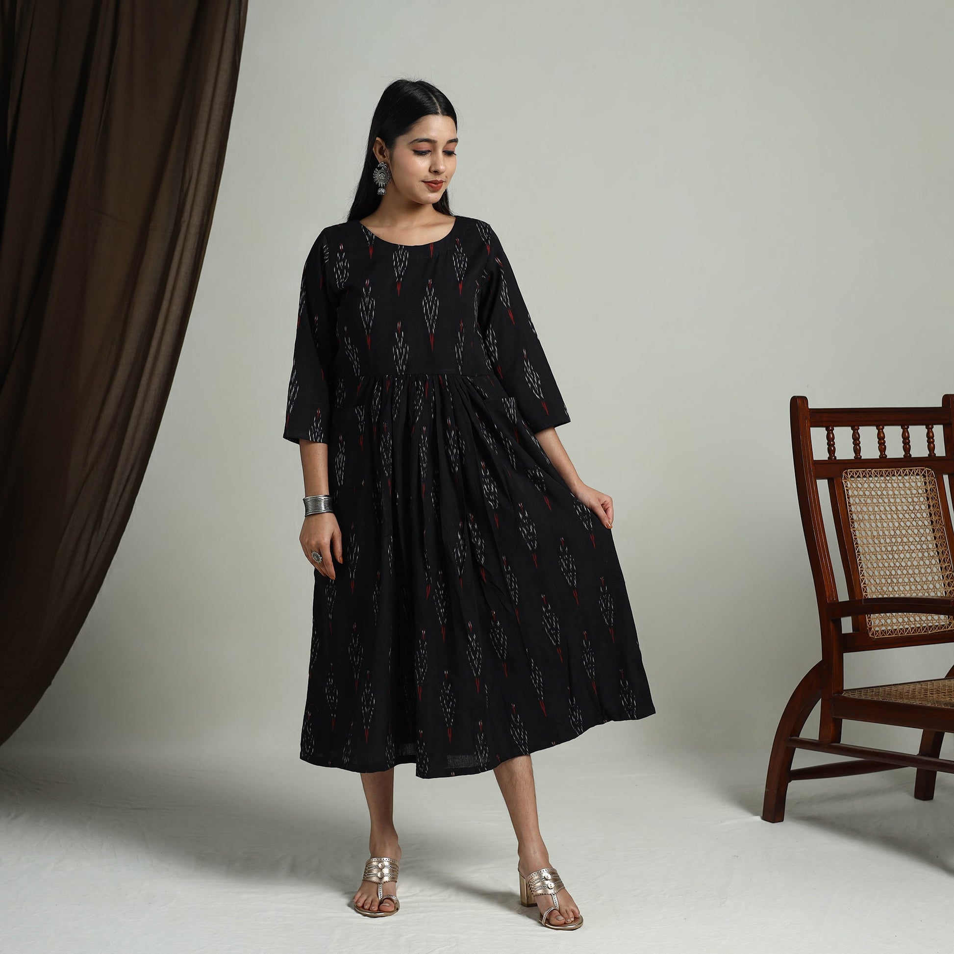 Black - Flared Cotton Pochampally Ikat Dress 01