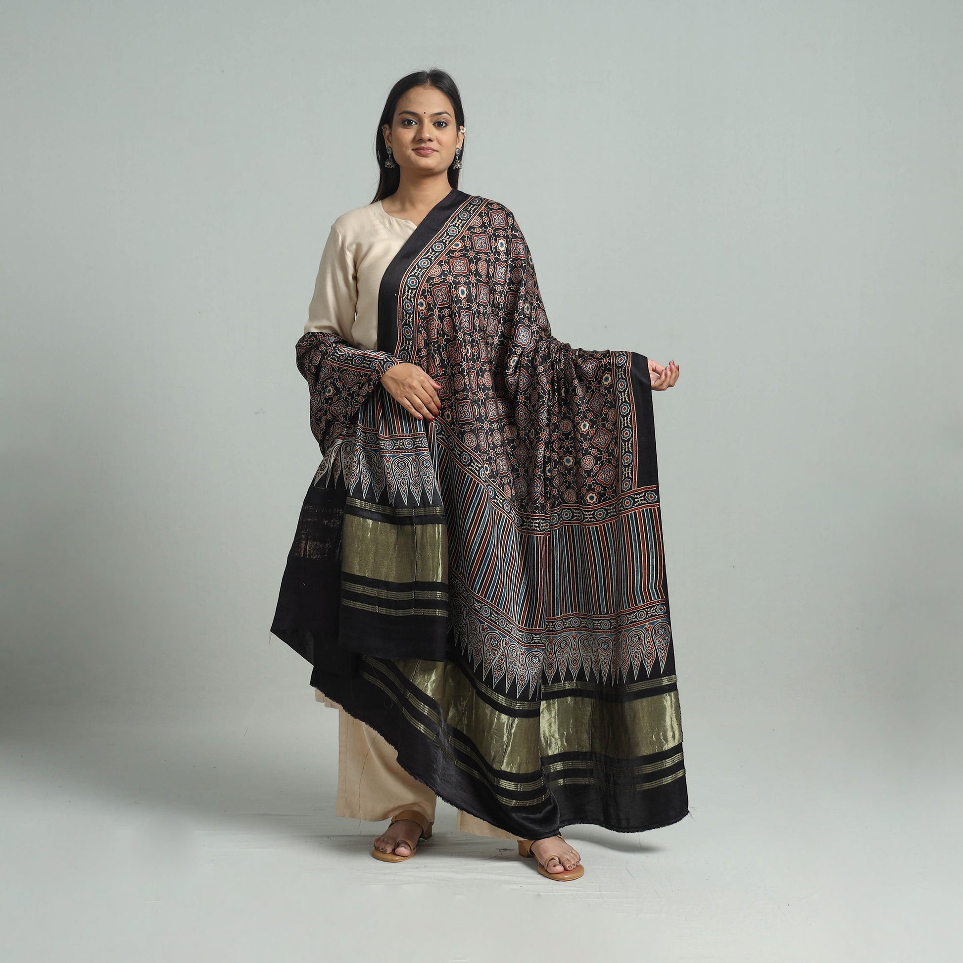 Black - Modal Silk Block Print Ajrakh Dupatta 86