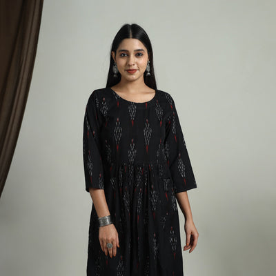 Black - Flared Cotton Pochampally Ikat Dress 01