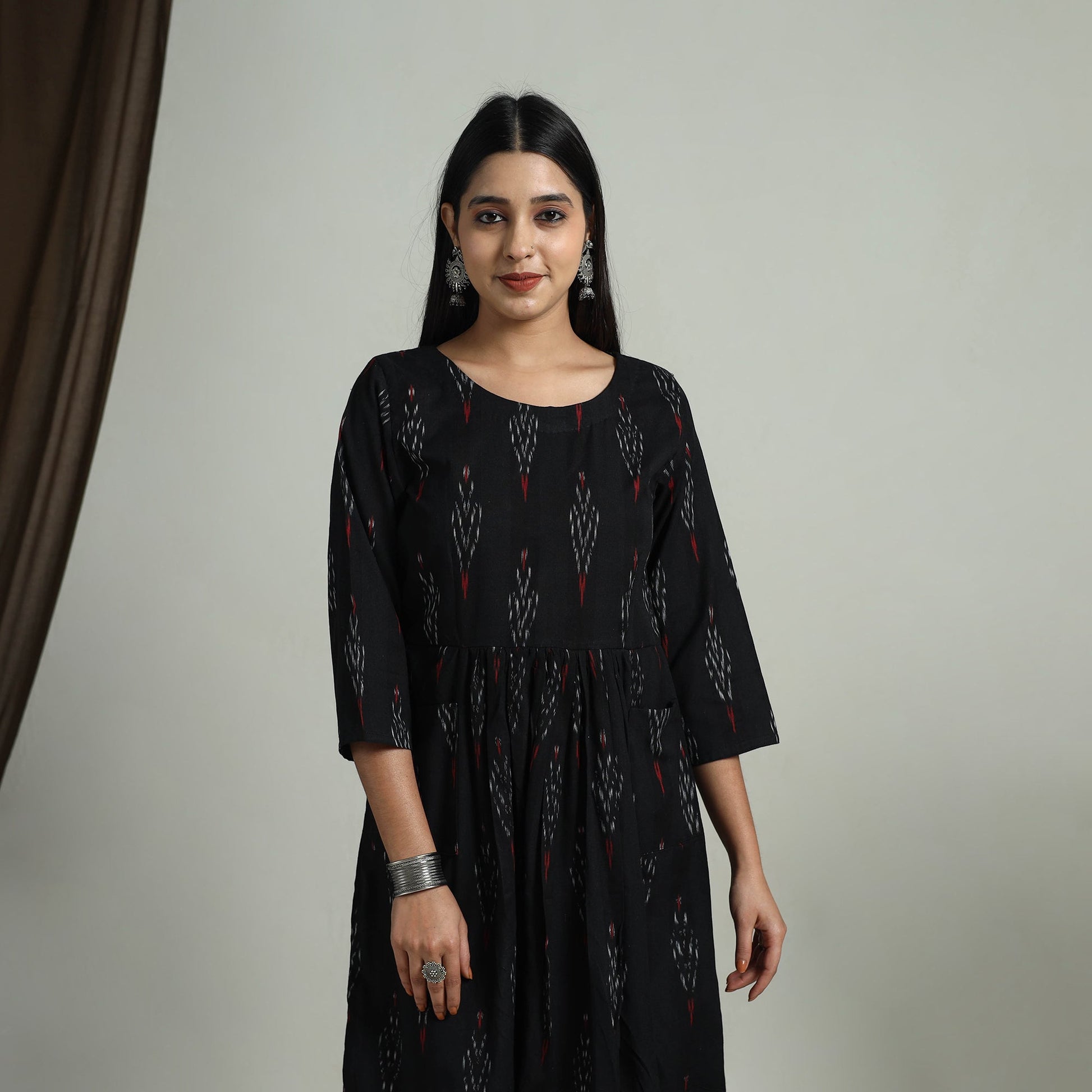 Black - Flared Cotton Pochampally Ikat Dress 01