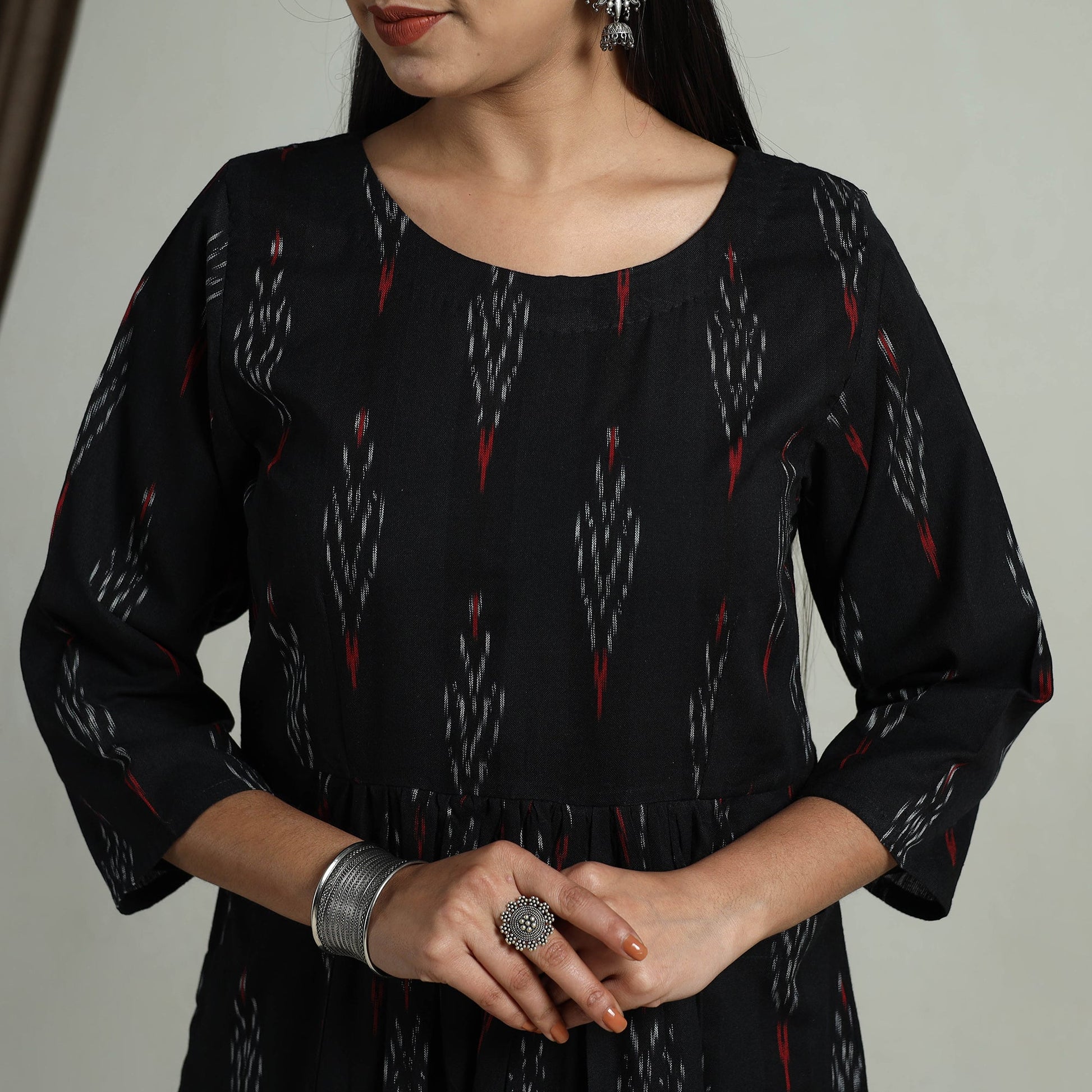 Black - Flared Cotton Pochampally Ikat Dress 01