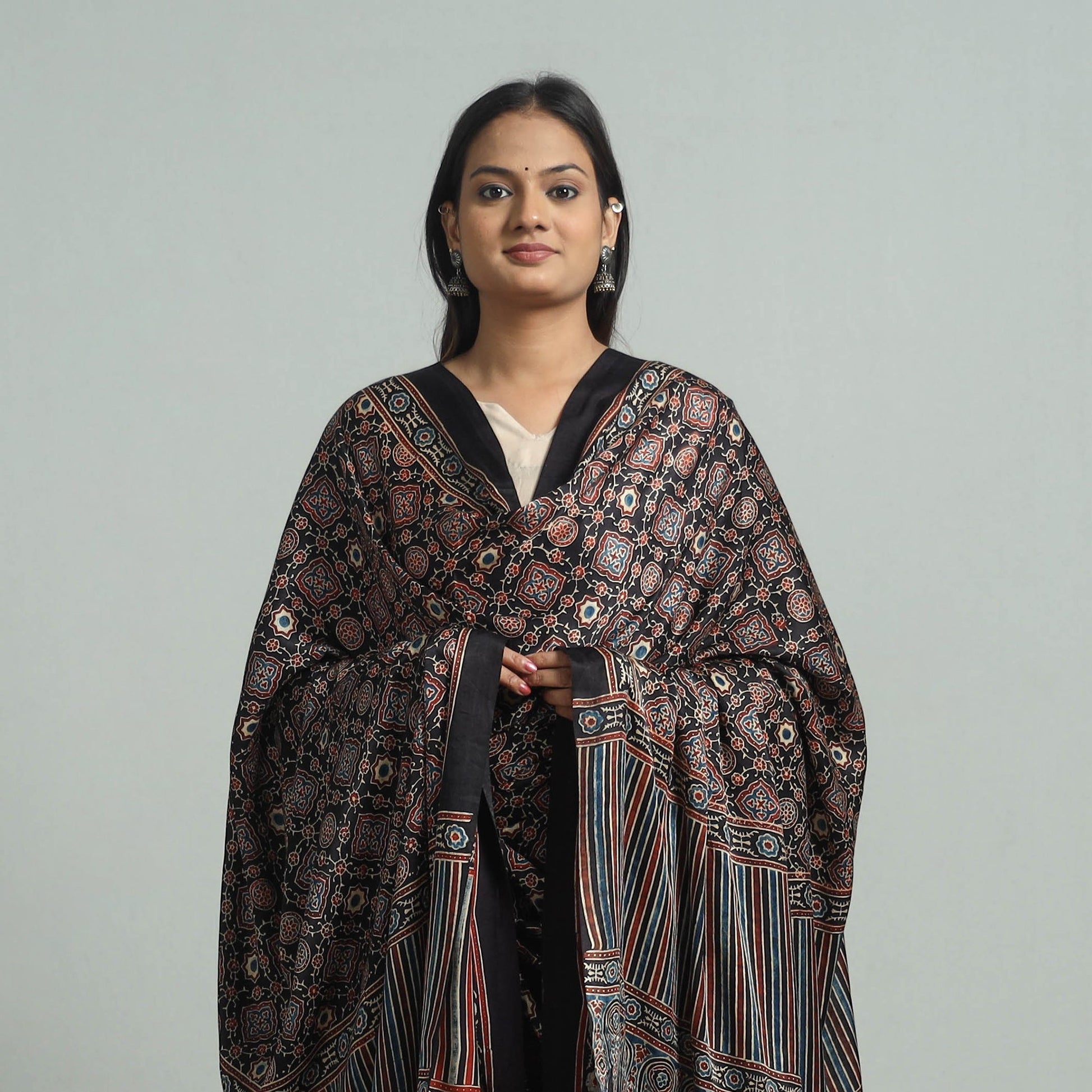 Black - Modal Silk Block Print Ajrakh Dupatta 86