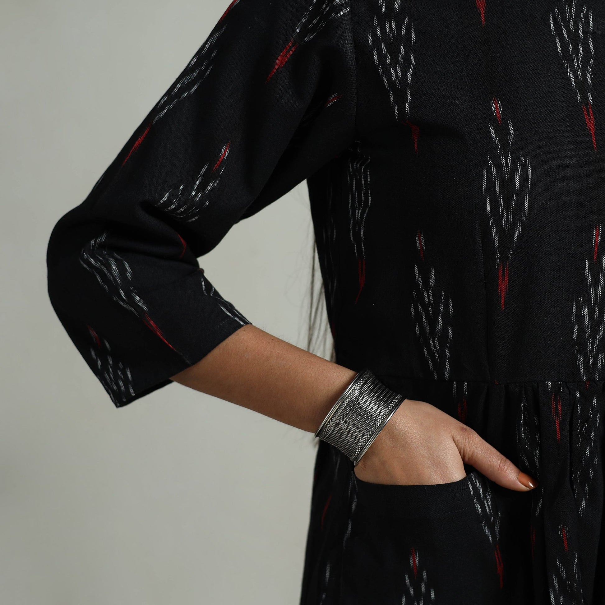 Black - Flared Cotton Pochampally Ikat Dress 01
