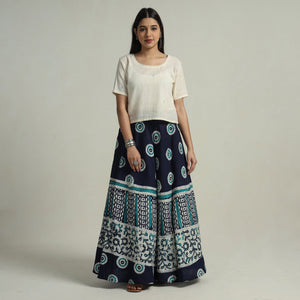 Blue - Hand Batik Printed Running Stitch Cotton Long Skirt 65