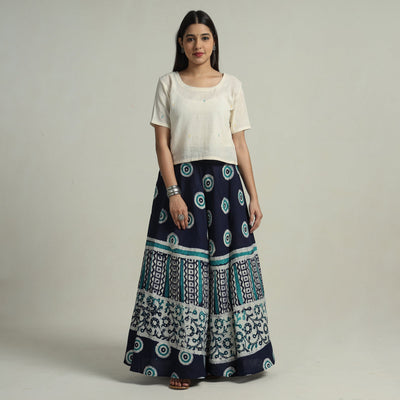 Blue - Hand Batik Printed Running Stitch Cotton Long Skirt 65
